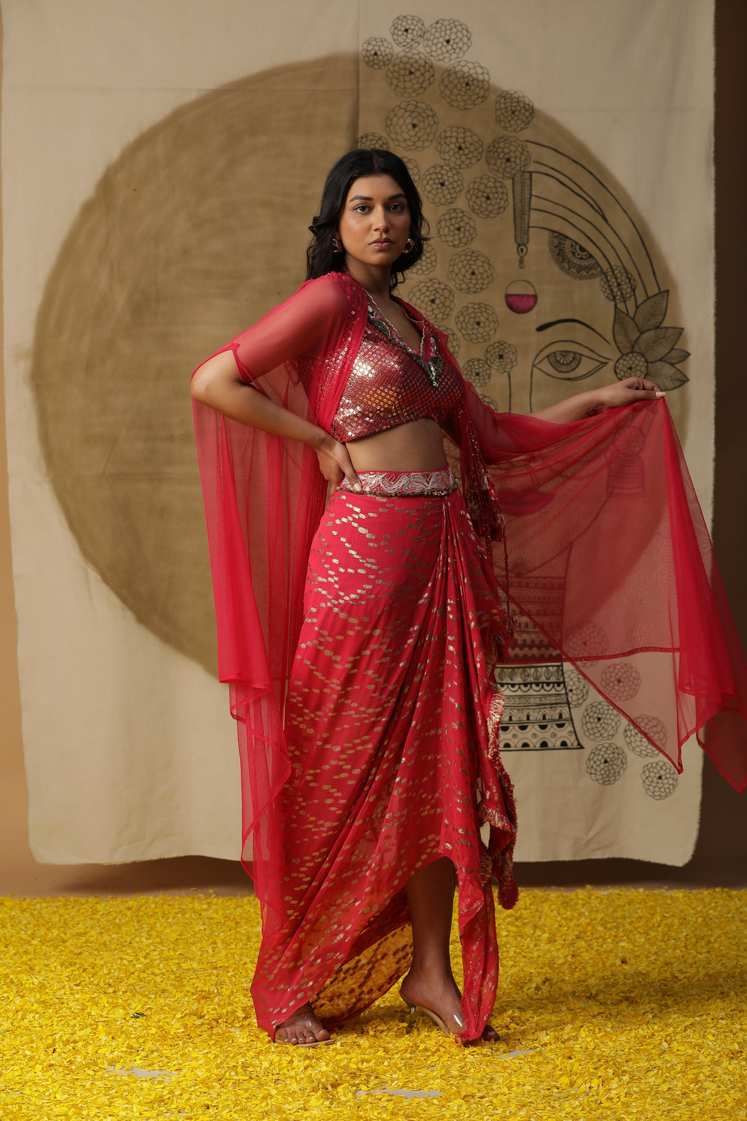 Red Embellished Cape Blouse with Draped Skirt