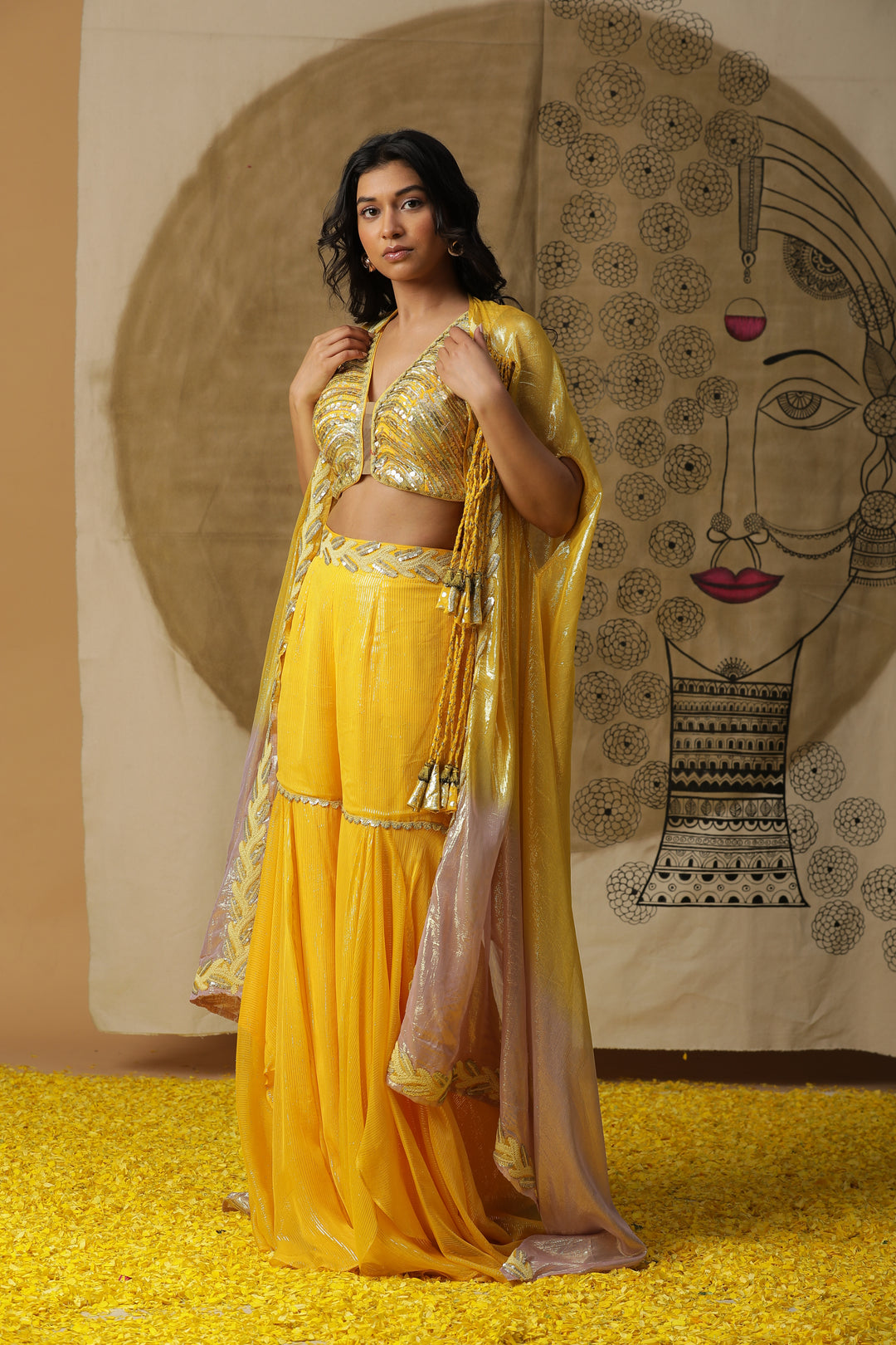 Mustard Sharara Set with Cape