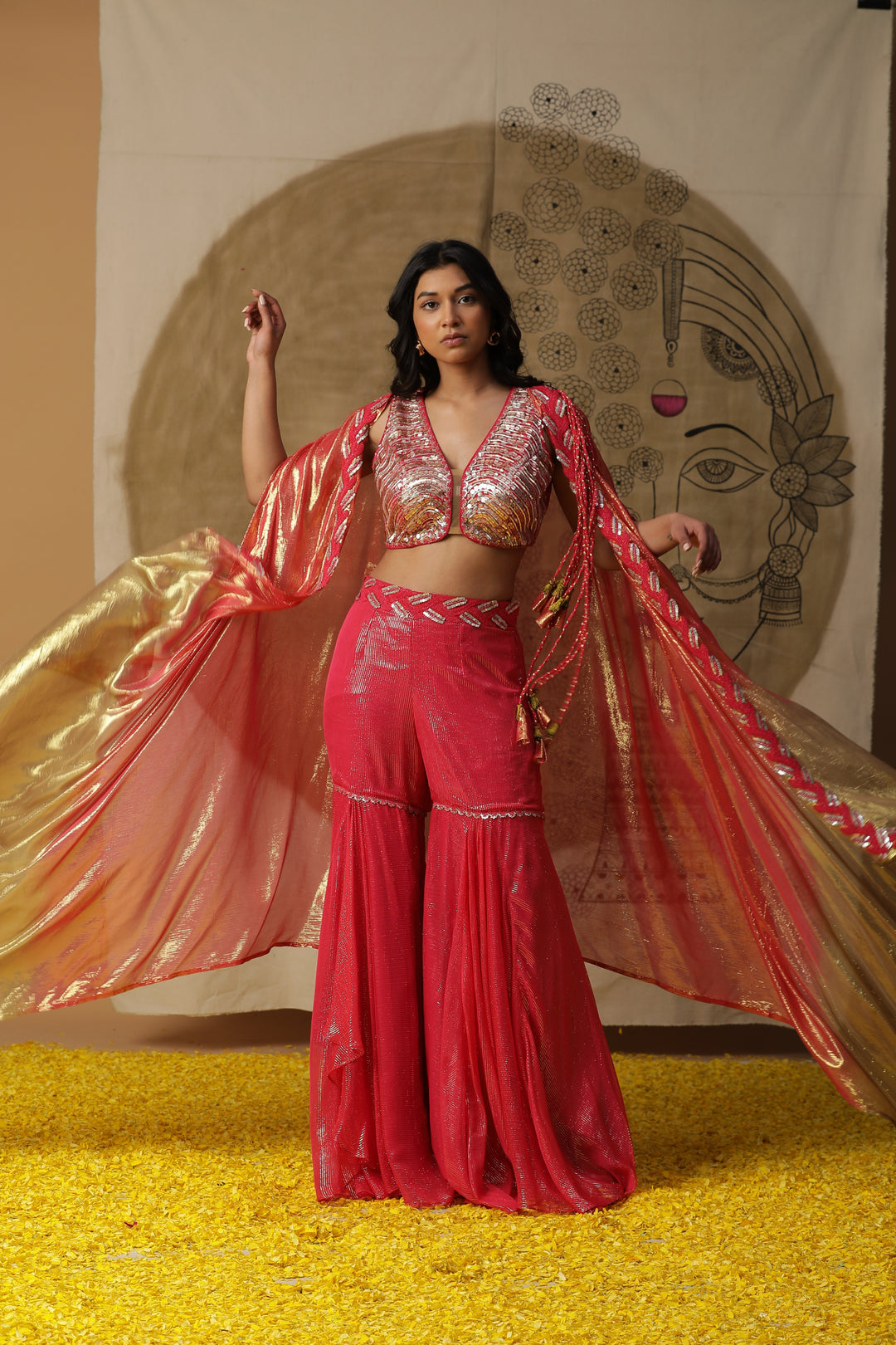 Red Sharara Set with Cape