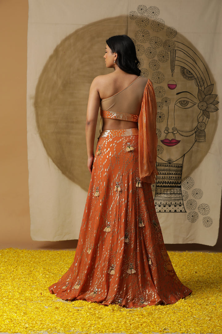 Orange Embellished Georgette Skirt Set