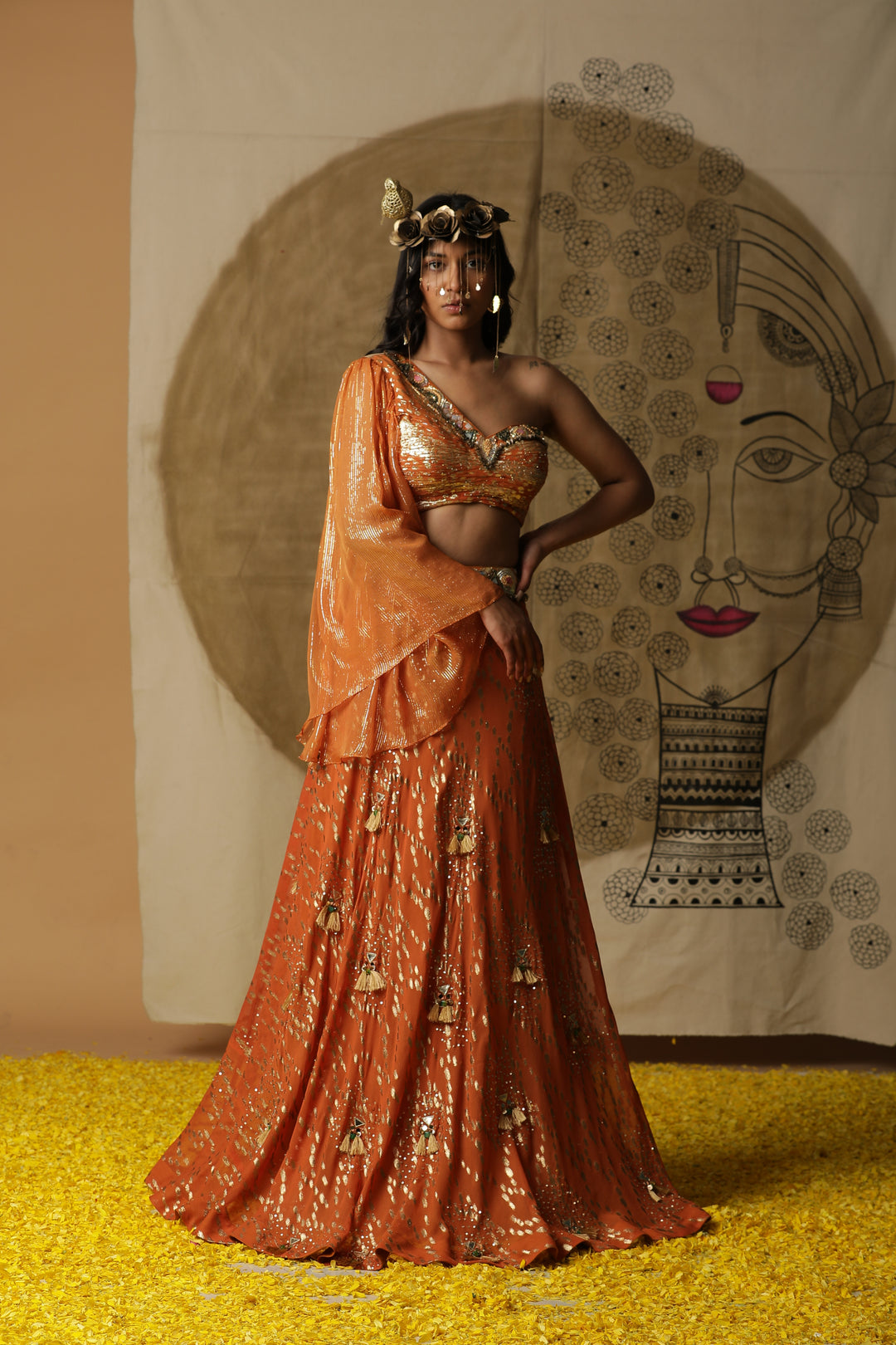 Orange Embellished Georgette Skirt Set