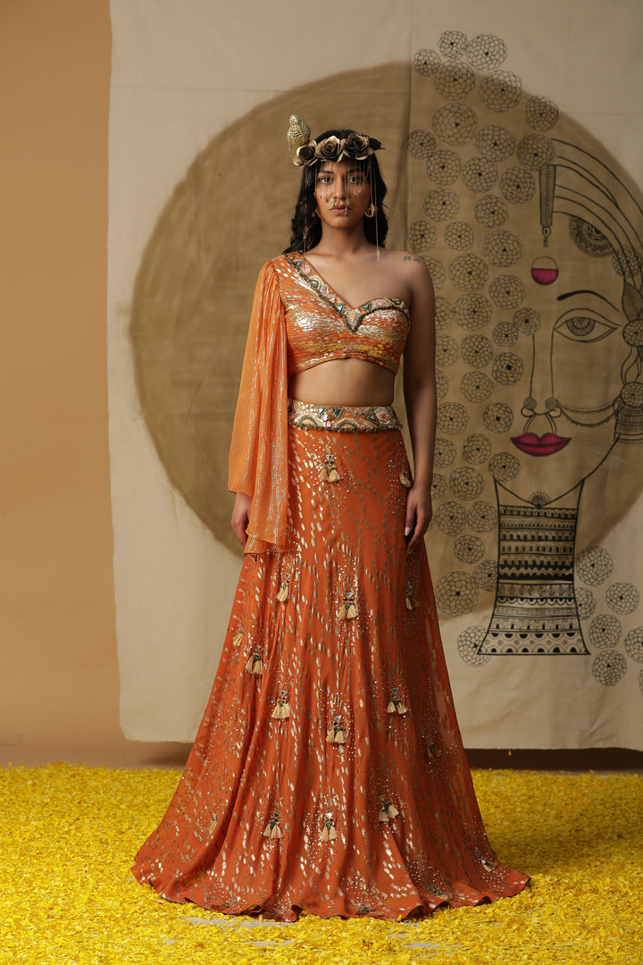 Orange Embellished Georgette Skirt Set