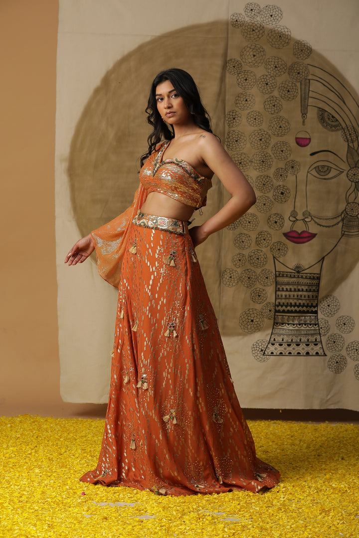 Orange Embellished Georgette Skirt Set