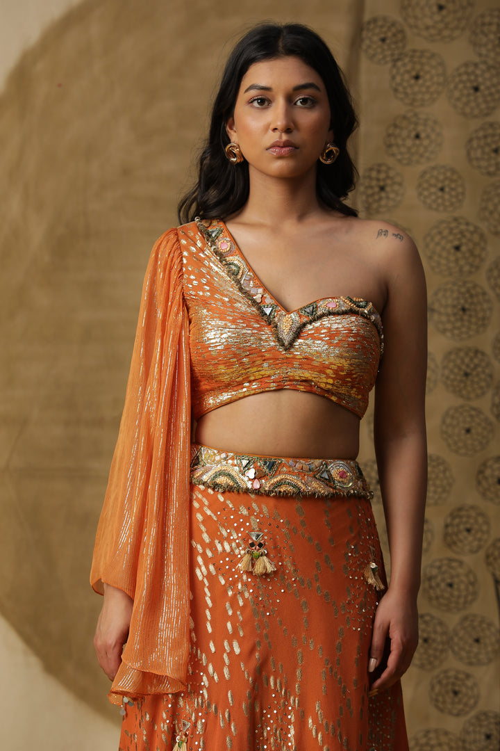 Orange Embellished Georgette Skirt Set