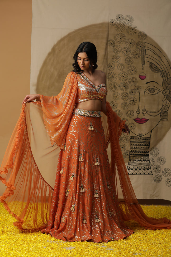 Orange Embellished Georgette Skirt Set