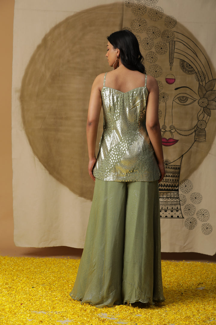 Sage Green Embellished Kurta with Flared Pants & Cape