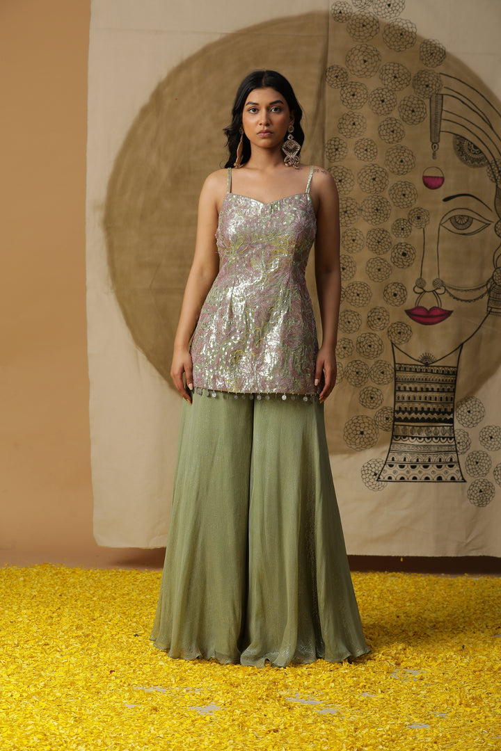 Sage Green Embellished Kurta with Flared Pants & Cape