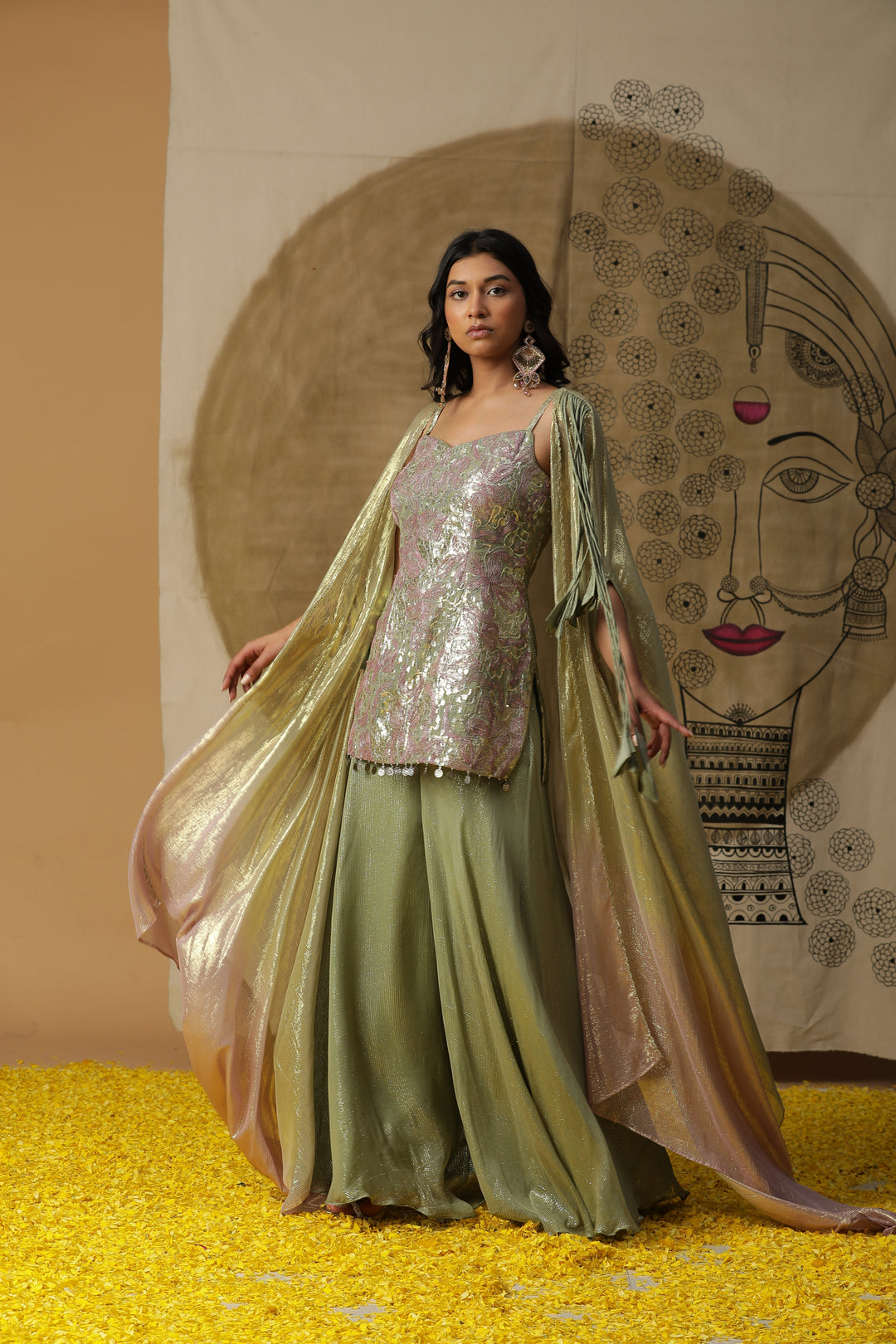 Sage Green Embellished Kurta with Flared Pants & Cape