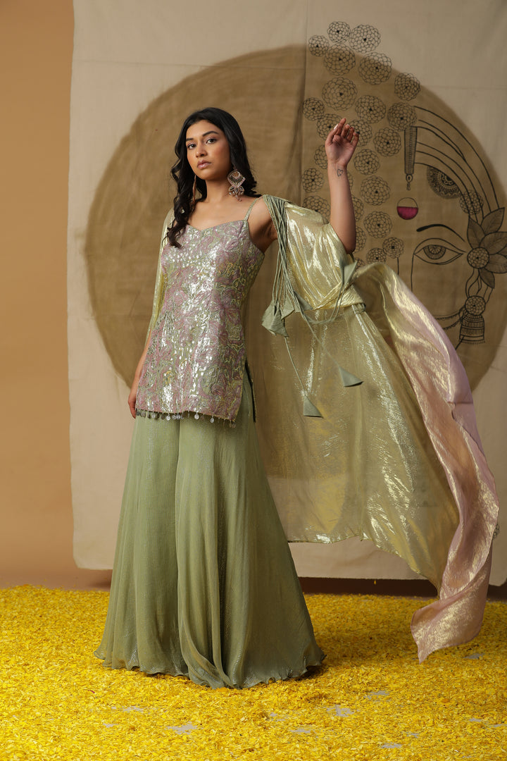 Sage Green Embellished Kurta with Flared Pants & Cape