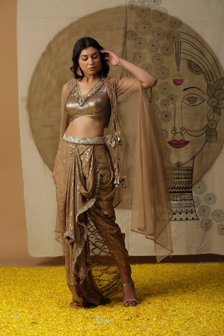 Beige Georgette Cape with Draped Skirt