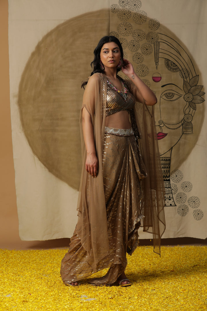 Beige Georgette Cape with Draped Skirt