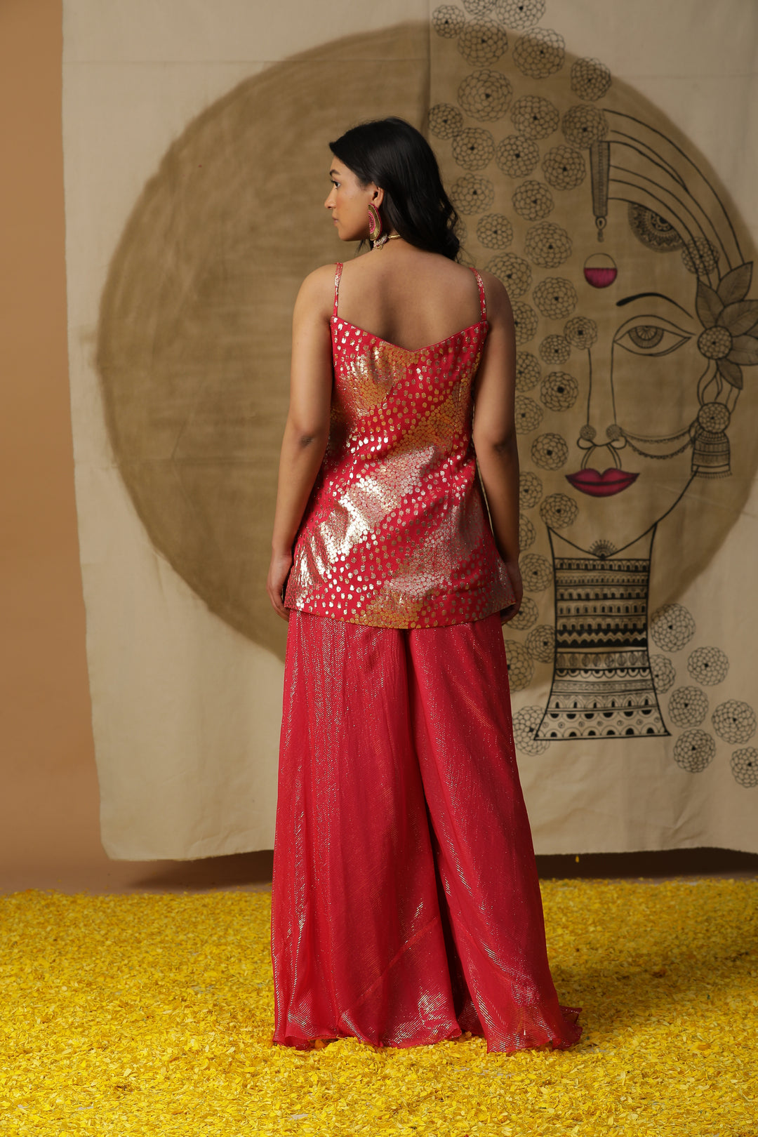 Red Embellished Kurta with Flared Pants & Cape