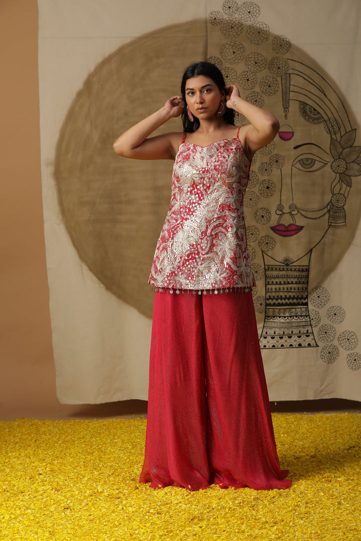 Red Embellished Kurta with Flared Pants & Cape