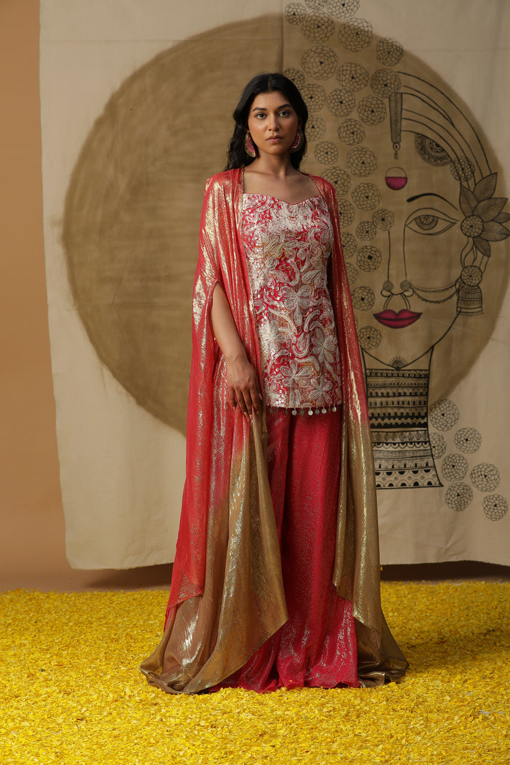 Red Embellished Kurta with Flared Pants & Cape