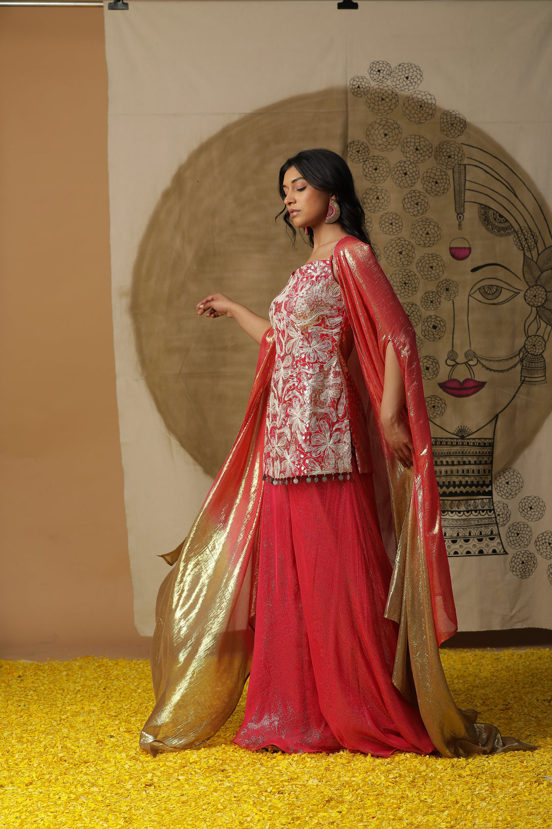 Red Embellished Kurta with Flared Pants & Cape