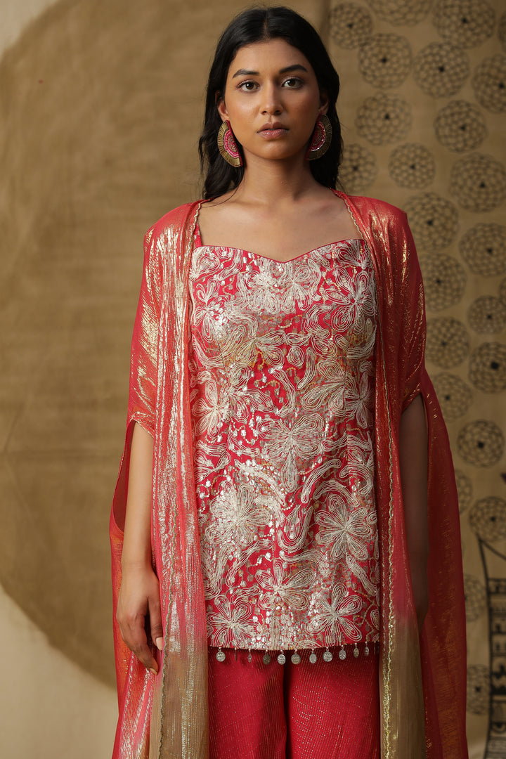 Red Embellished Kurta with Flared Pants & Cape