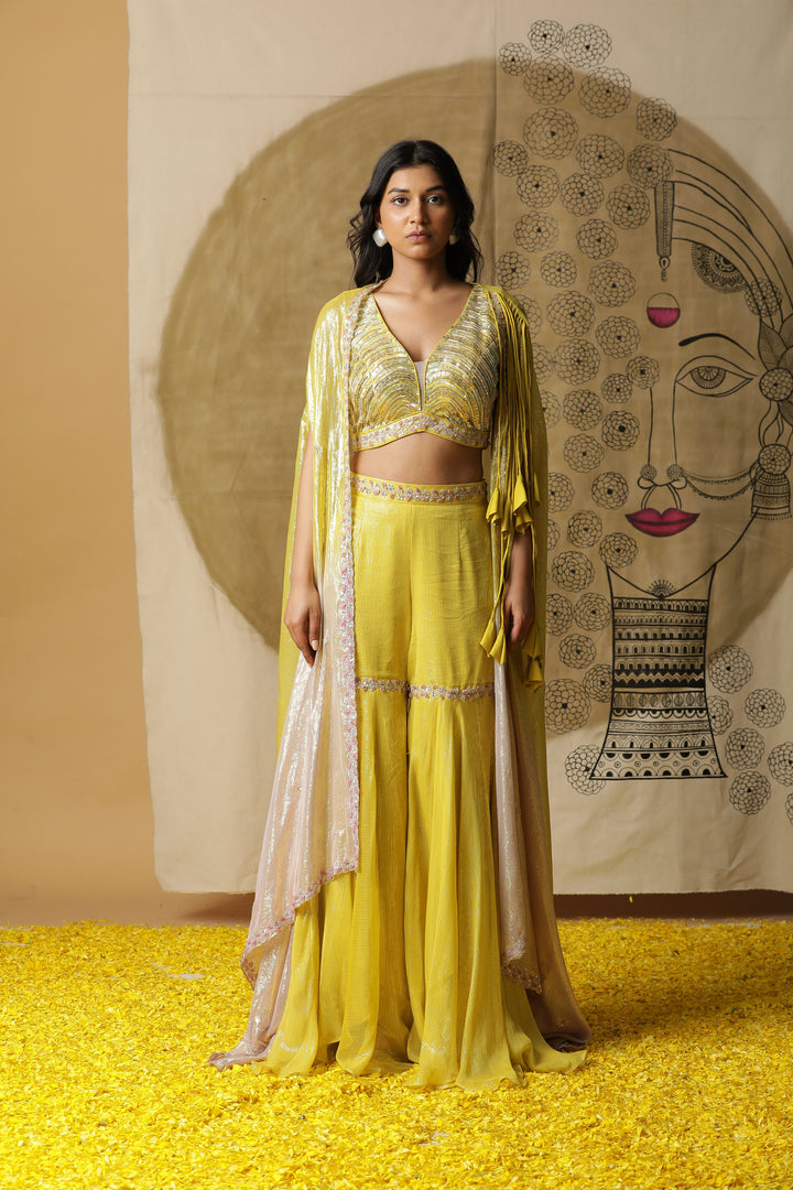 Yellow Sharara Set with Cape