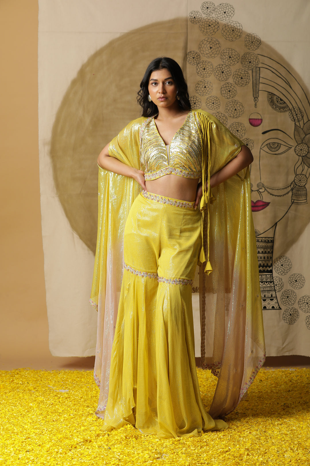 Yellow Sharara Set with Cape