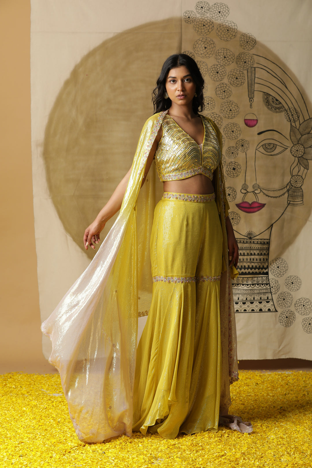 Yellow Sharara Set with Cape