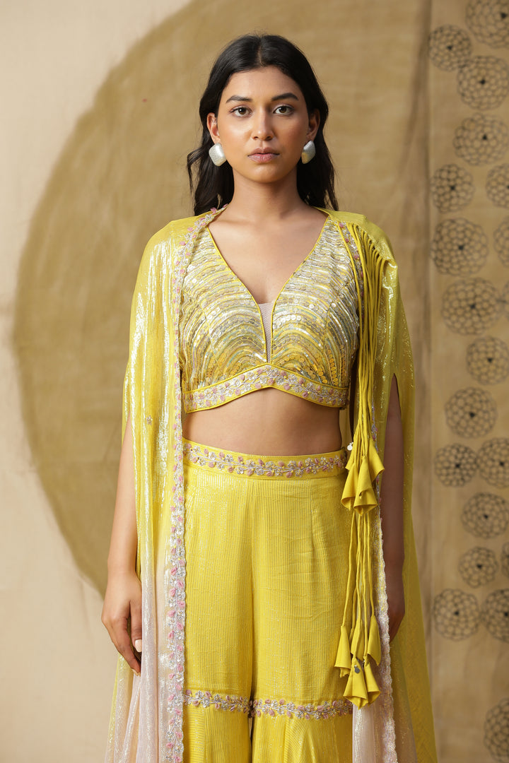 Yellow Sharara Set with Cape