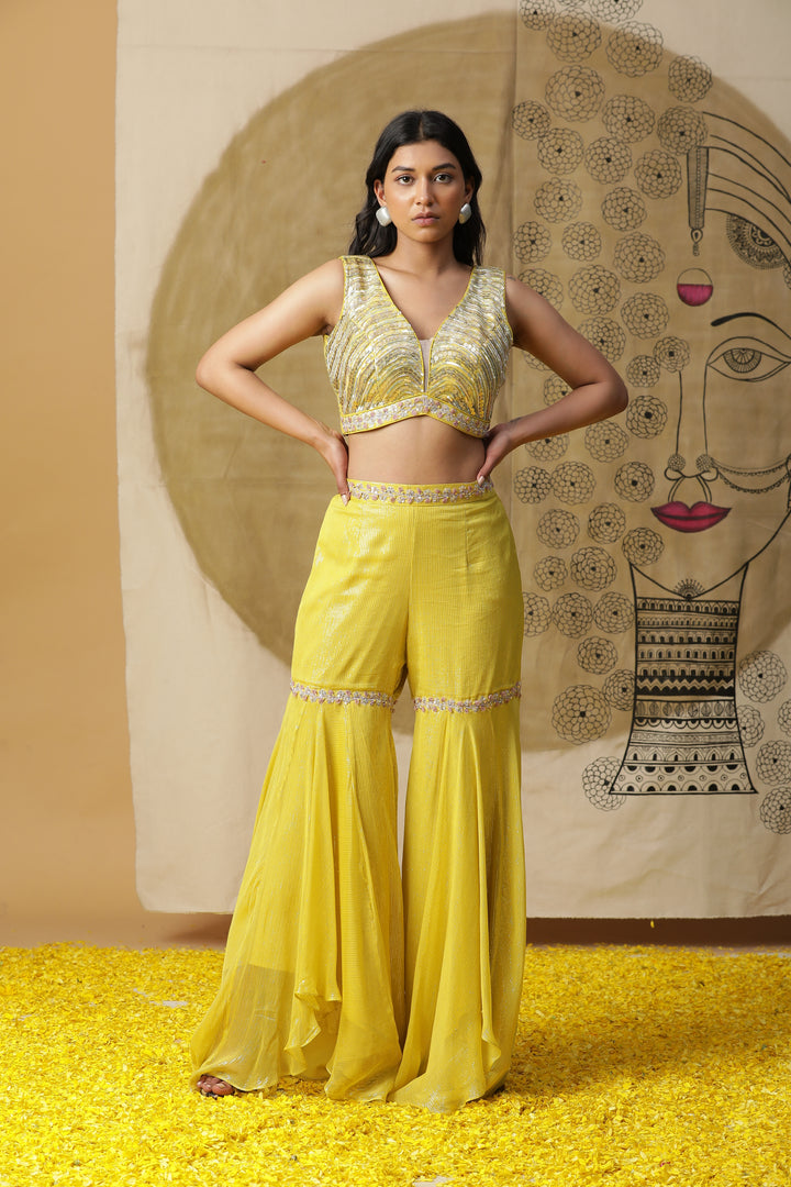 Yellow Sharara Set with Cape