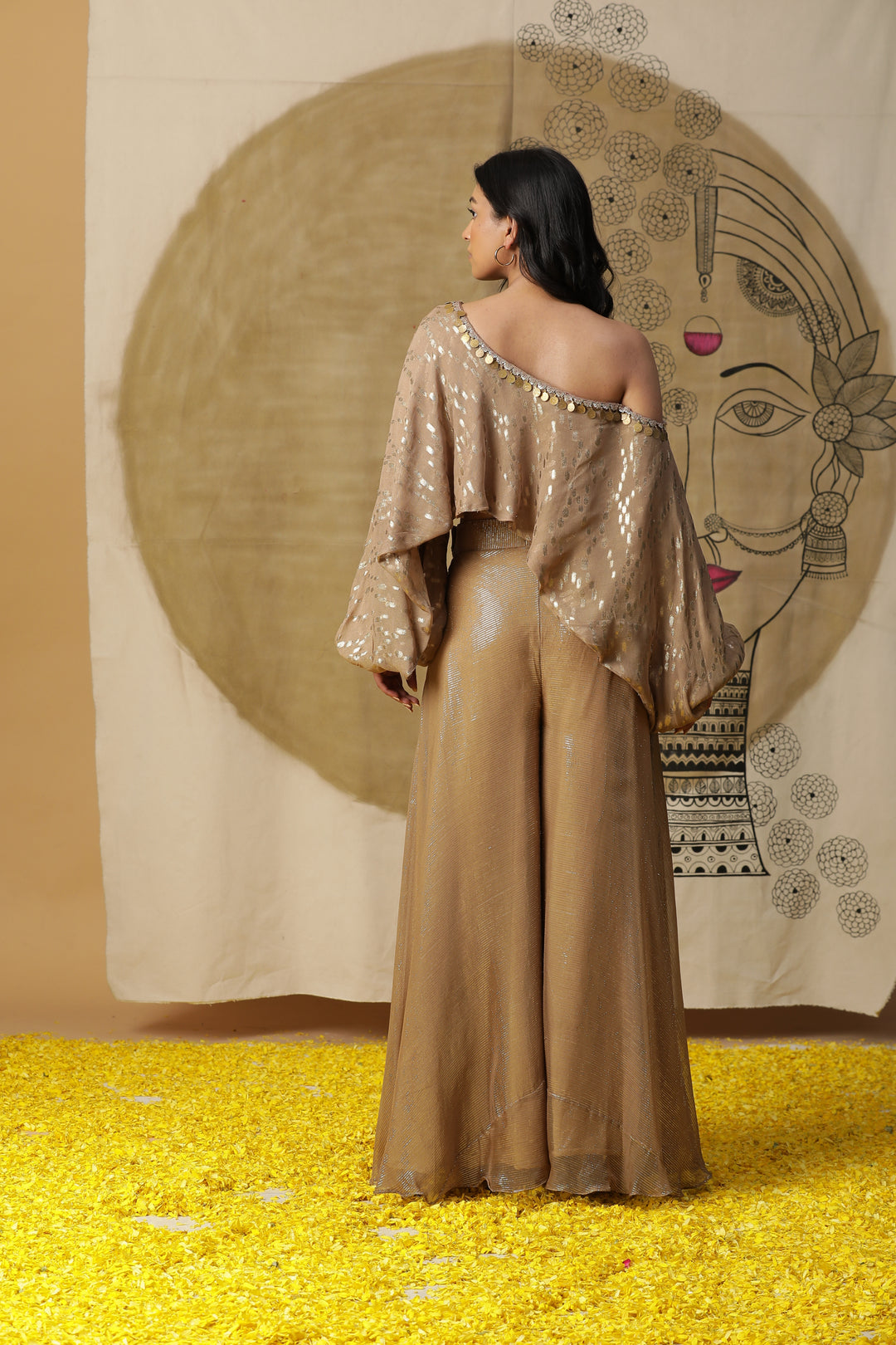 Beige Foil Georgette Flared Pant Set