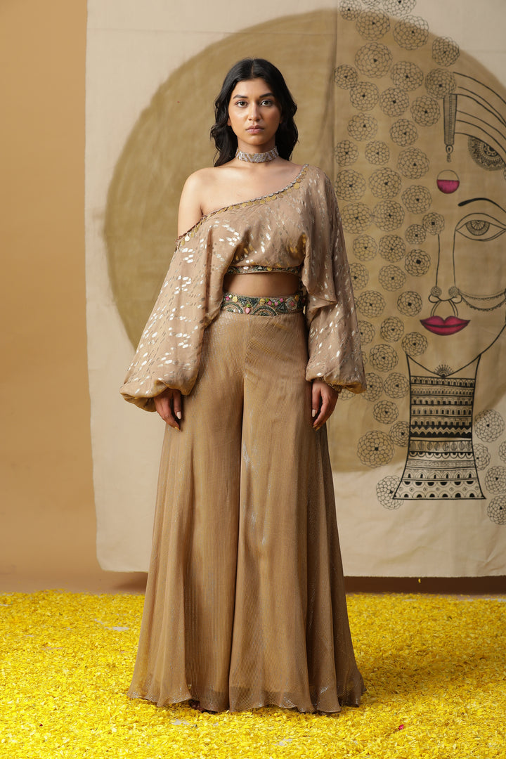 Beige Foil Georgette Flared Pant Set