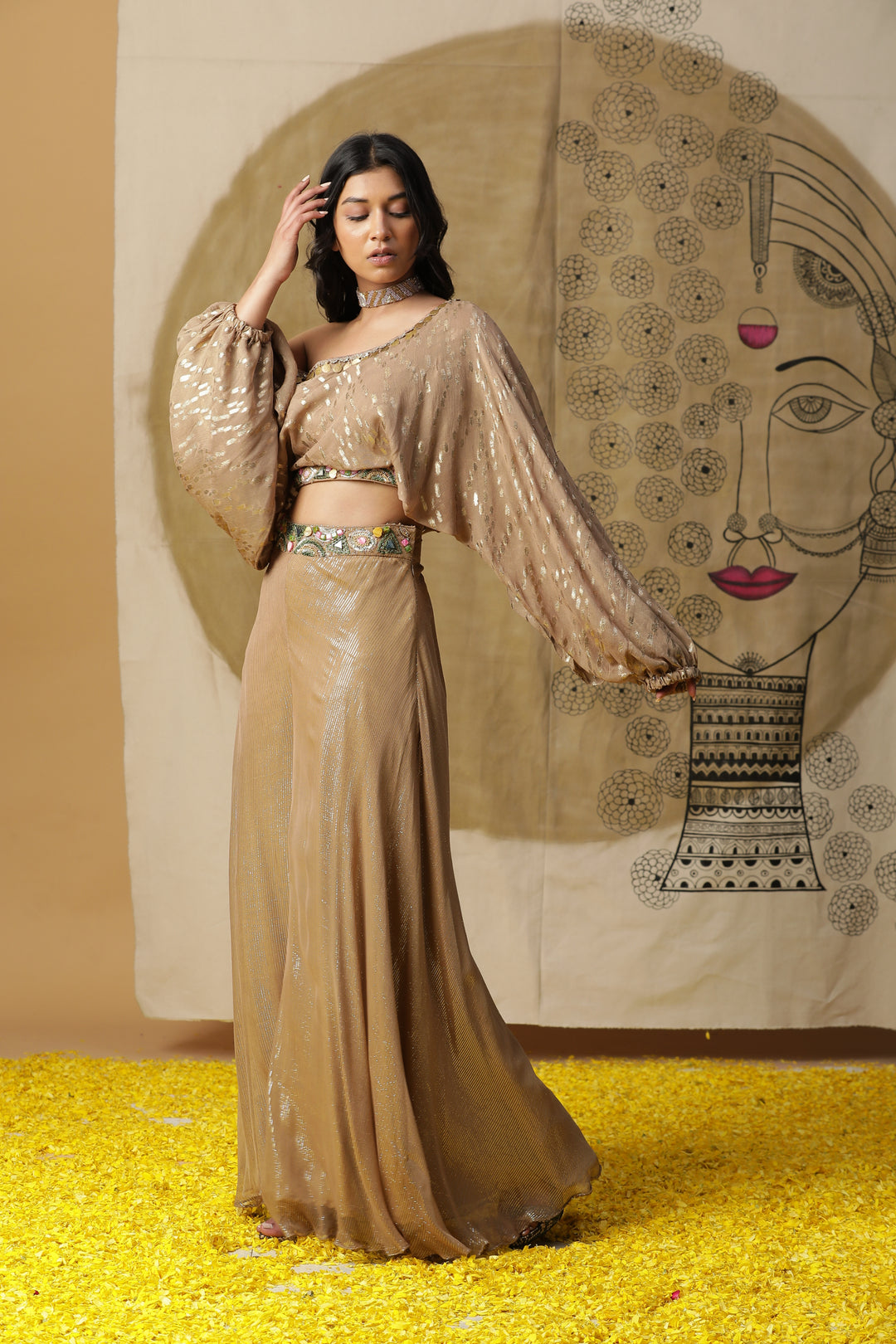 Beige Foil Georgette Flared Pant Set