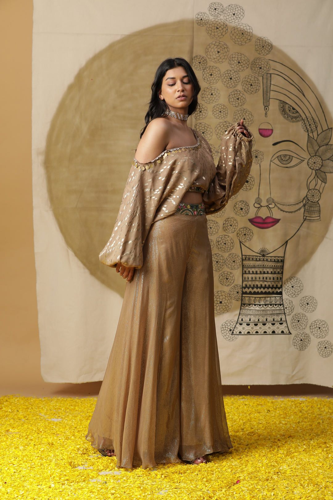 Beige Foil Georgette Flared Pant Set