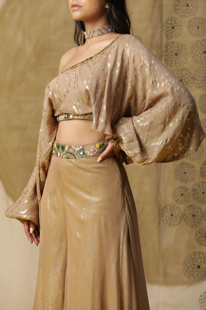 Beige Foil Georgette Flared Pant Set