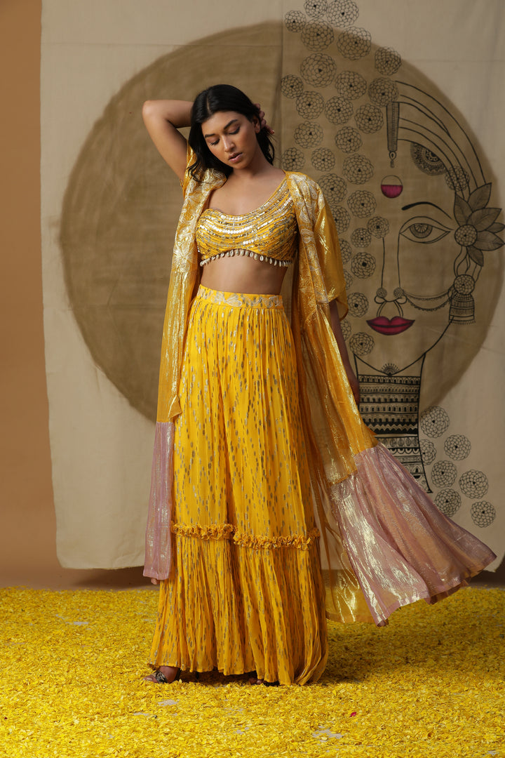 Mustard Lehenga Set with Cape