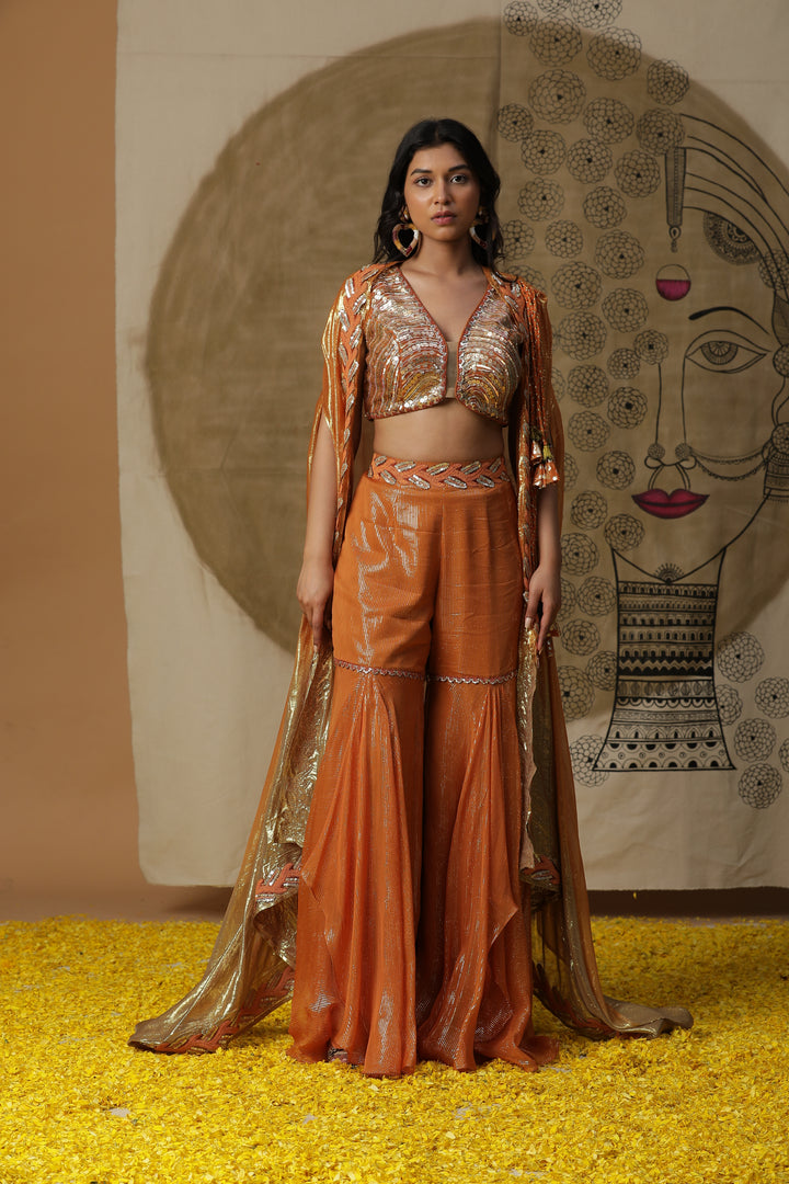 Orange Sharara Set with Cape