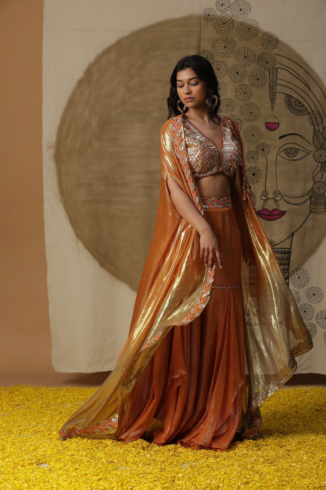 Orange Sharara Set with Cape