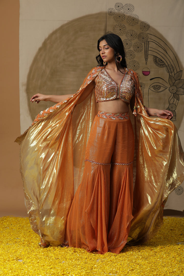 Orange Sharara Set with Cape