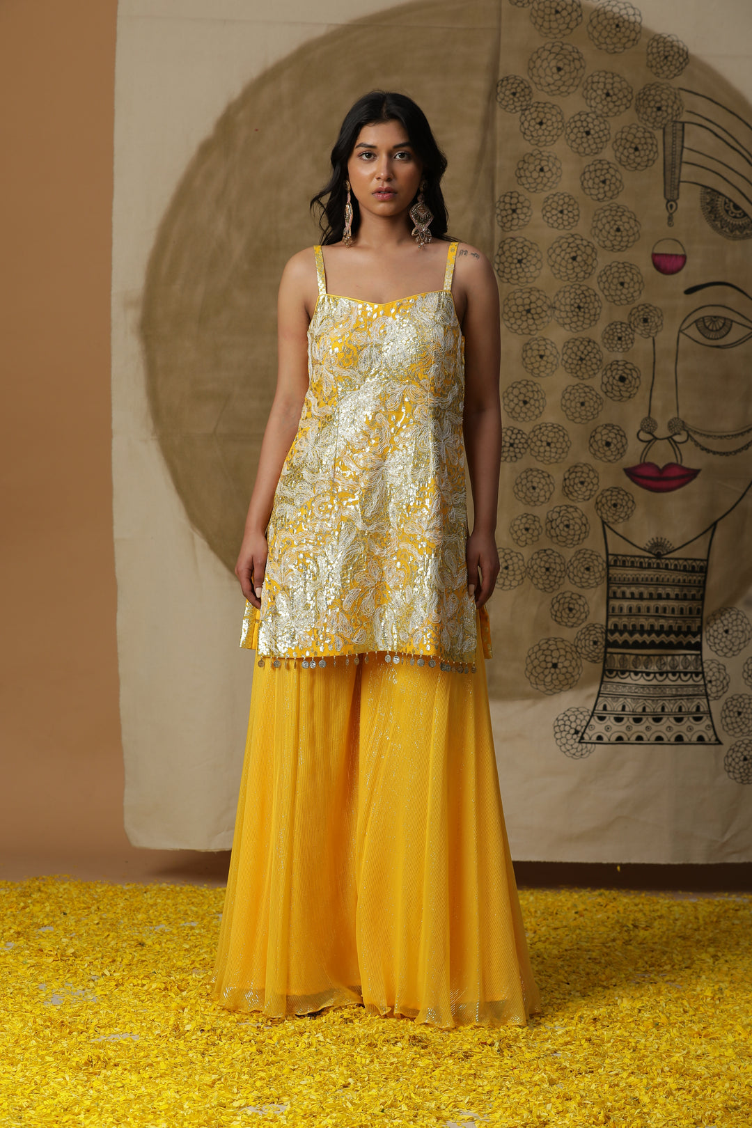 Yellow Embellished Kurta with Flared Pants & Cape