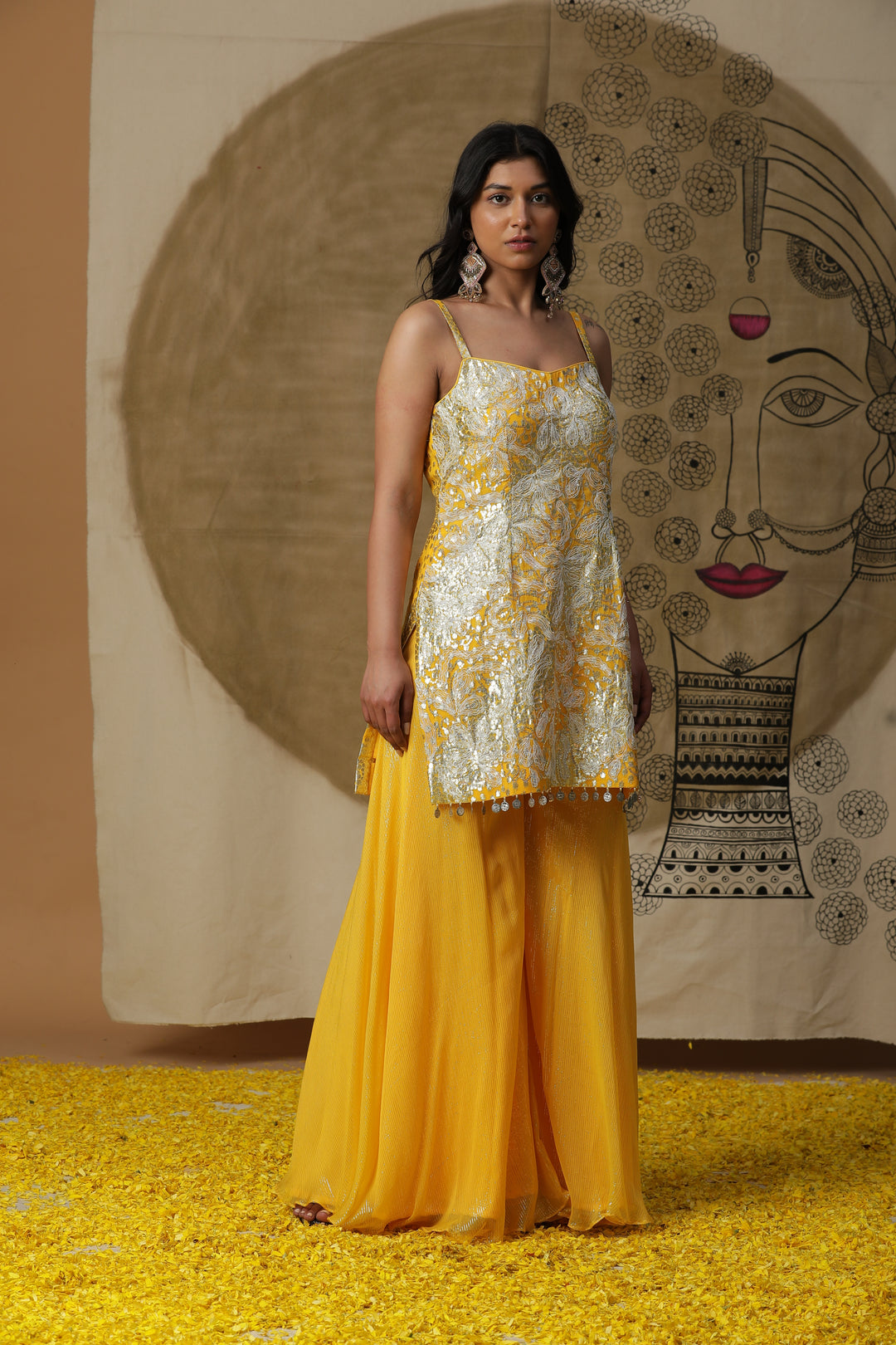 Yellow Embellished Kurta with Flared Pants & Cape