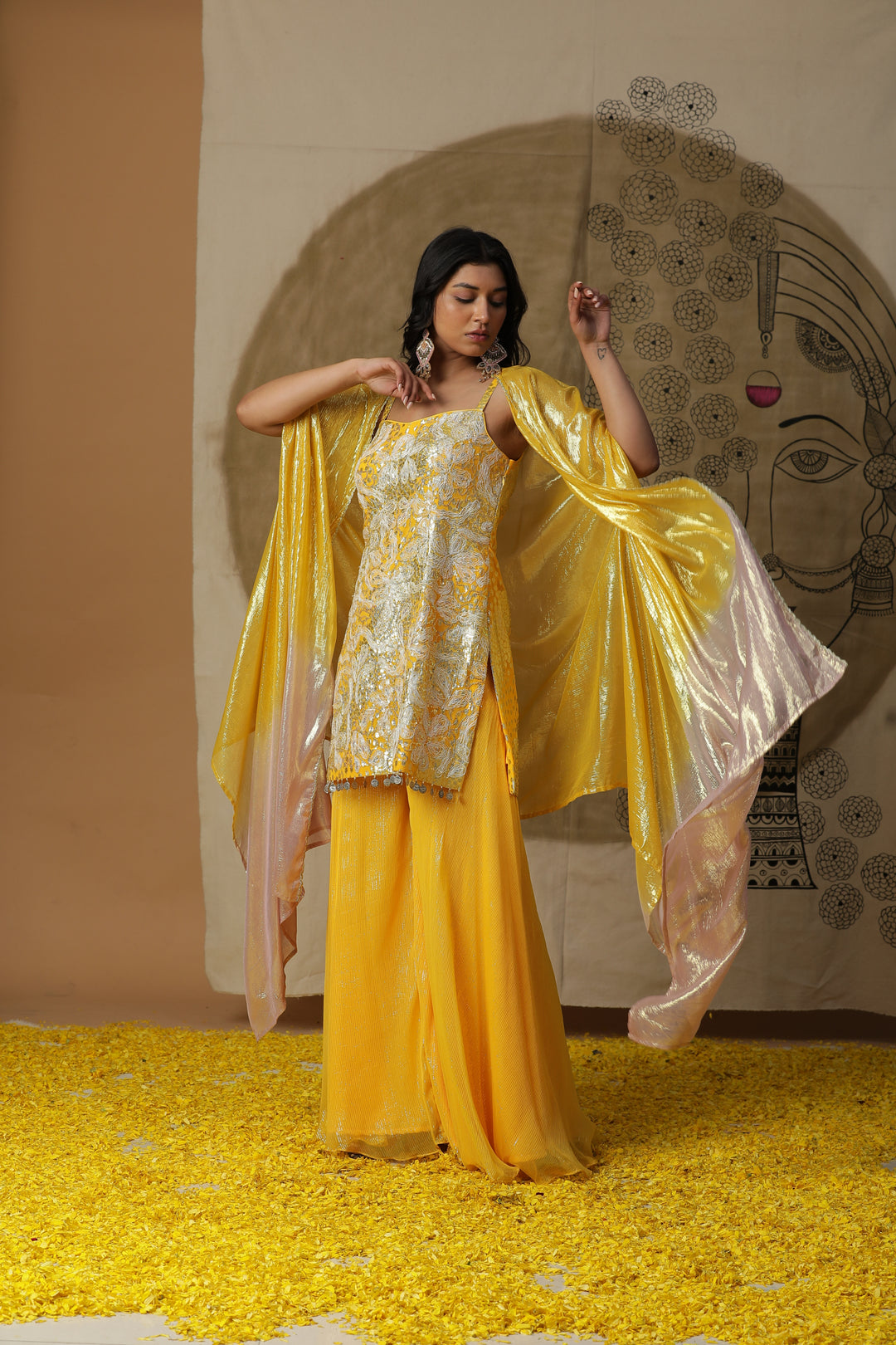 Yellow Embellished Kurta with Flared Pants & Cape