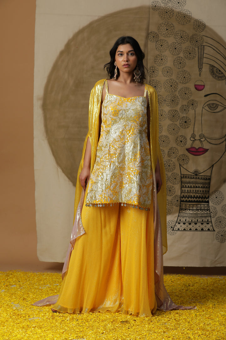 Yellow Embellished Kurta with Flared Pants & Cape