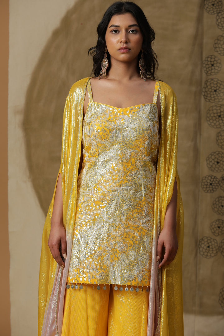 Yellow Embellished Kurta with Flared Pants & Cape