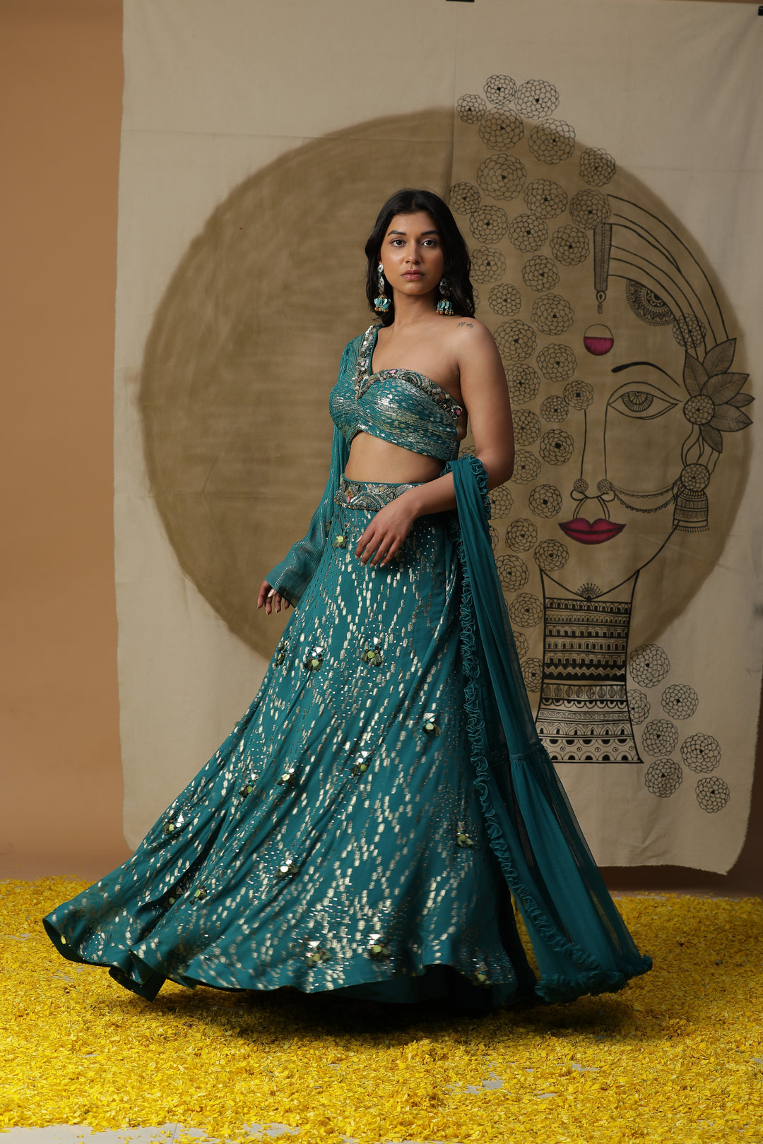 Teal Blue Embellished Cotton Skirt Set