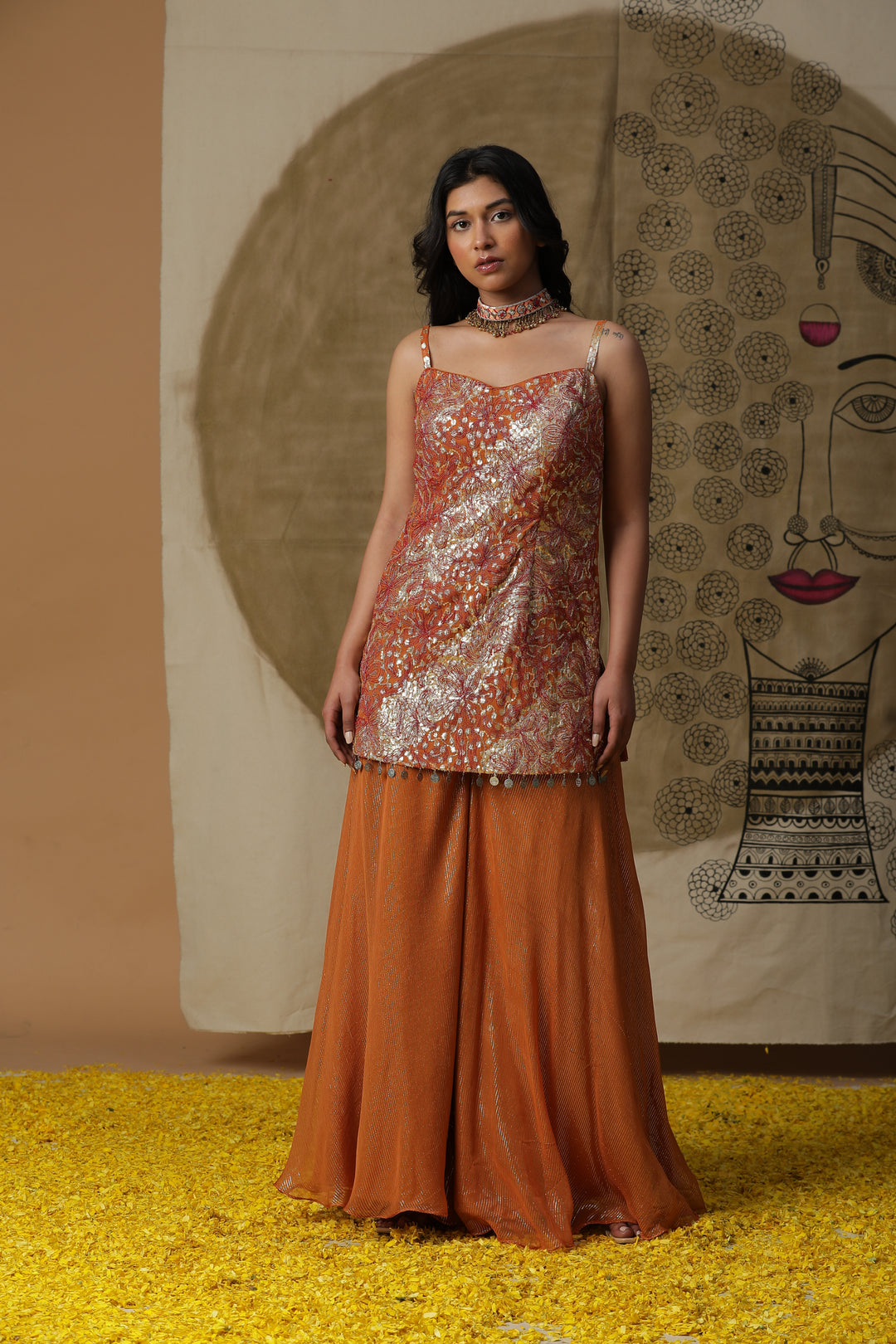 Orange Embellished Kurta with Flared Pants & Cape