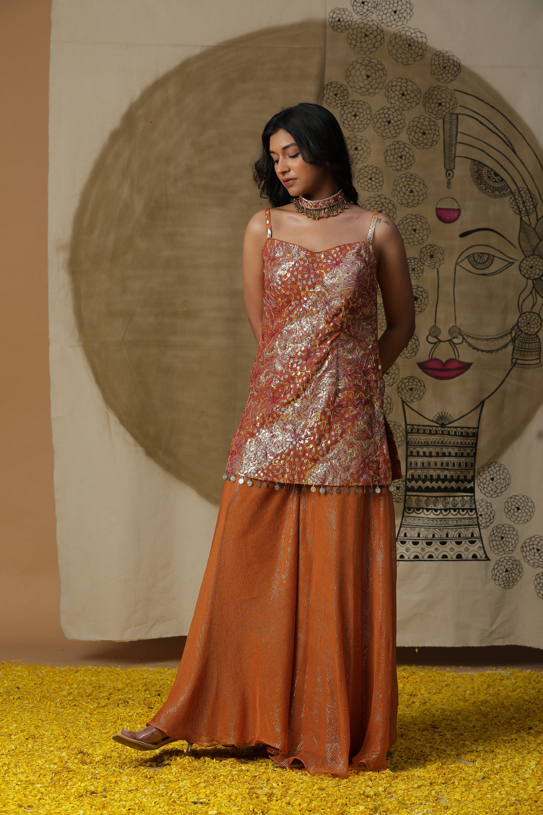 Orange Embellished Kurta with Flared Pants & Cape