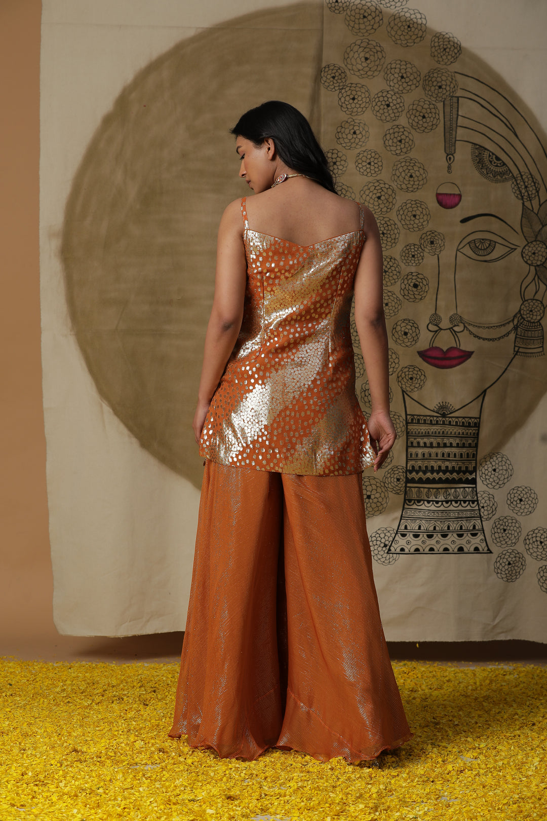 Orange Embellished Kurta with Flared Pants & Cape