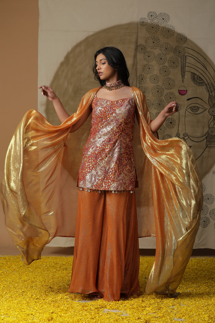 Orange Embellished Kurta with Flared Pants & Cape