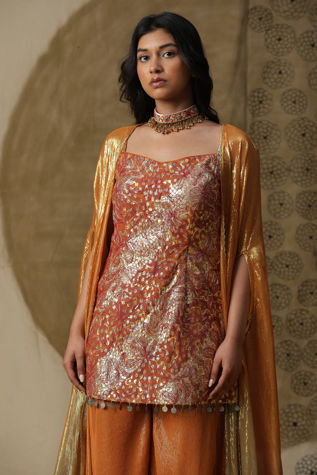 Orange Embellished Kurta with Flared Pants & Cape