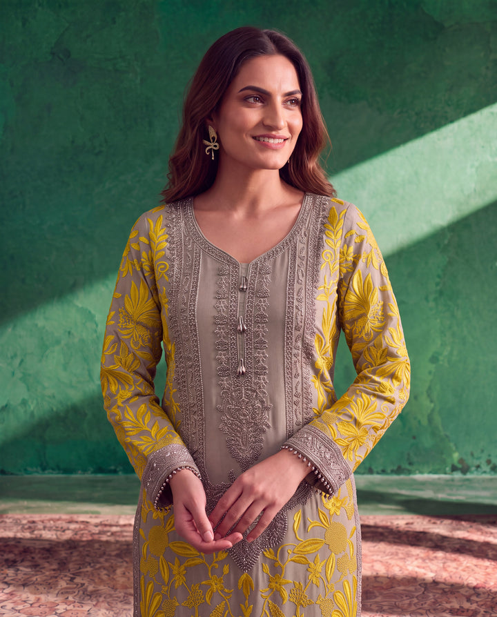 Meher Grey Georgette Threadwork Embroidered Kurta set
