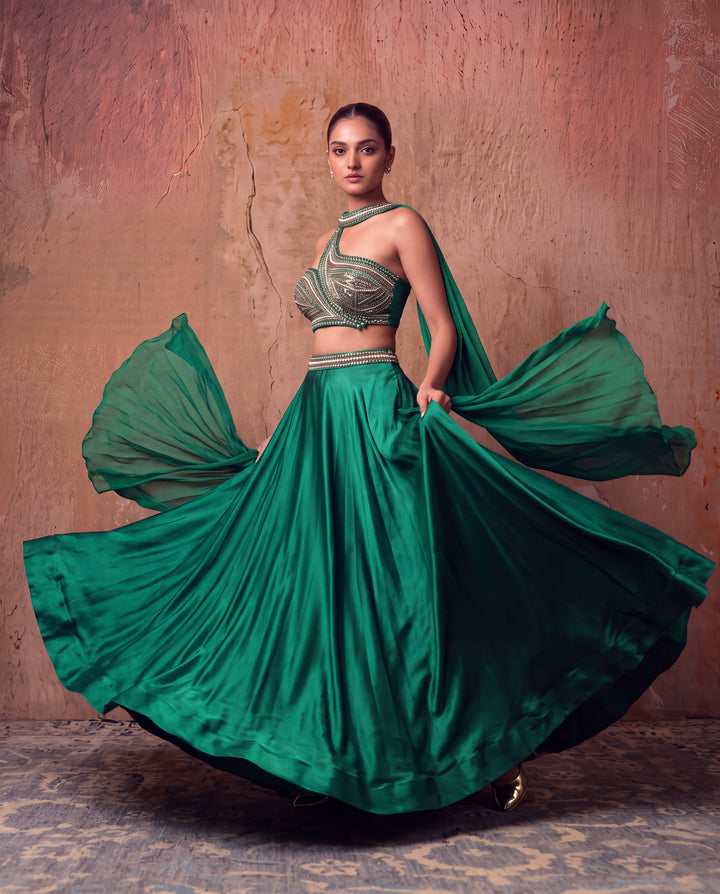 Emerald Green Crystal & Pearl Embellished Cape Lehenga Set