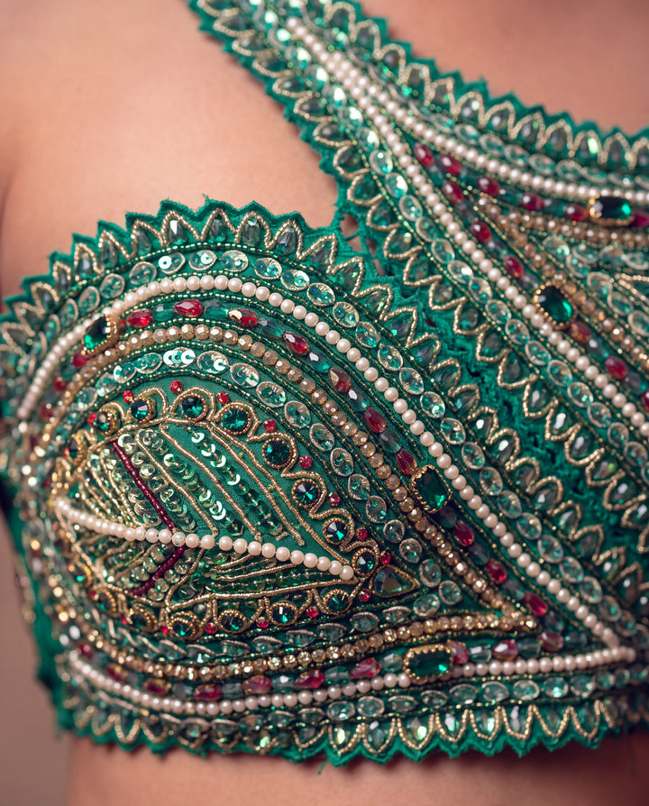 Emerald Green Crystal & Pearl Embellished Cape Lehenga Set