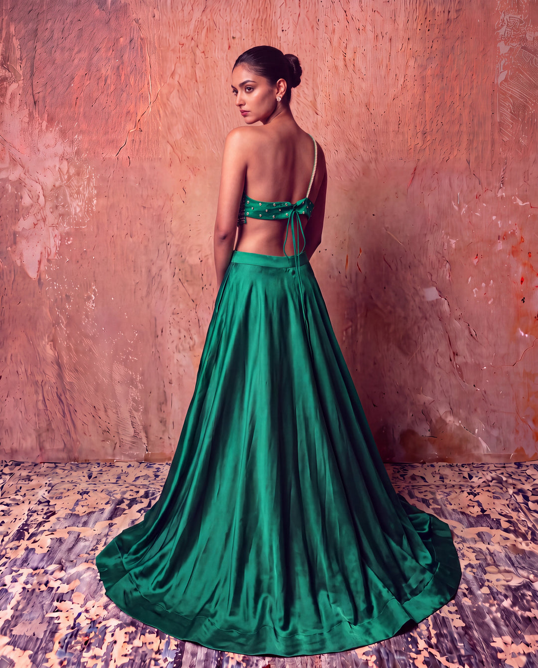 Emerald Green Crystal & Pearl Embellished Cape Lehenga Set