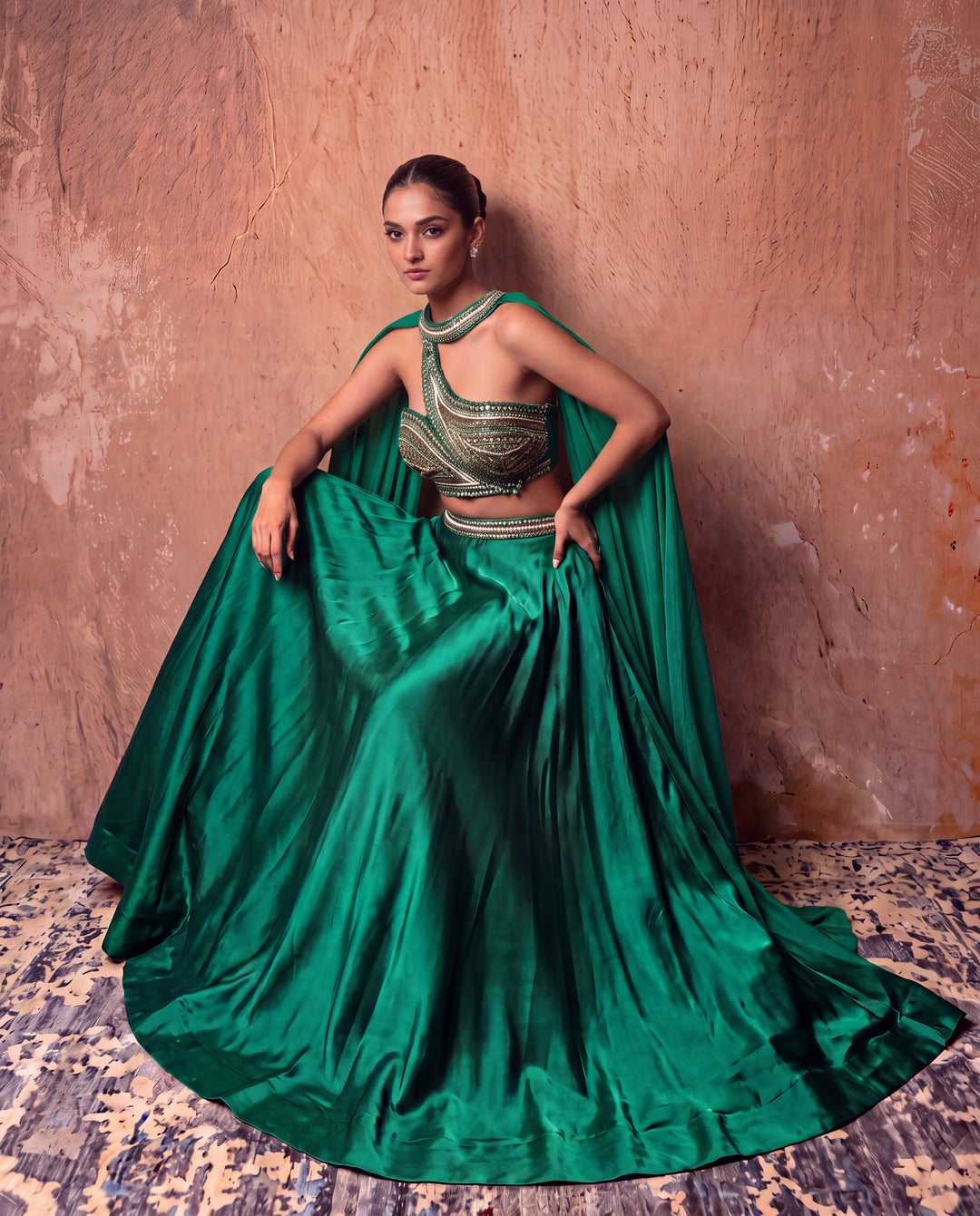 Emerald Green Crystal & Pearl Embellished Cape Lehenga Set